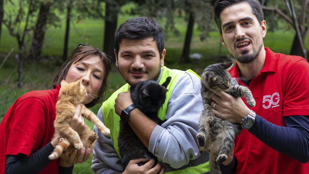 Three people standing next to each other holding kittens