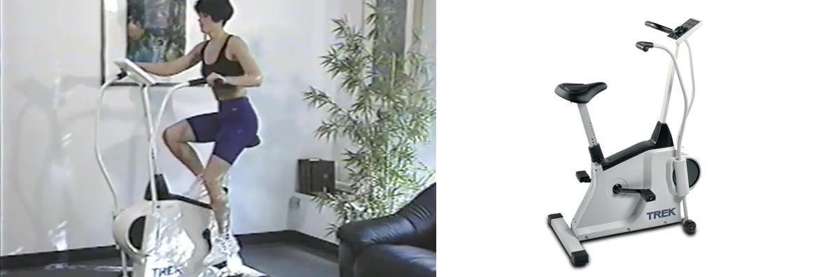 A split image showing a person using a vintage Trek stationary exercise bike on the left, and a close-up of the same Trek stationary bike on the right.