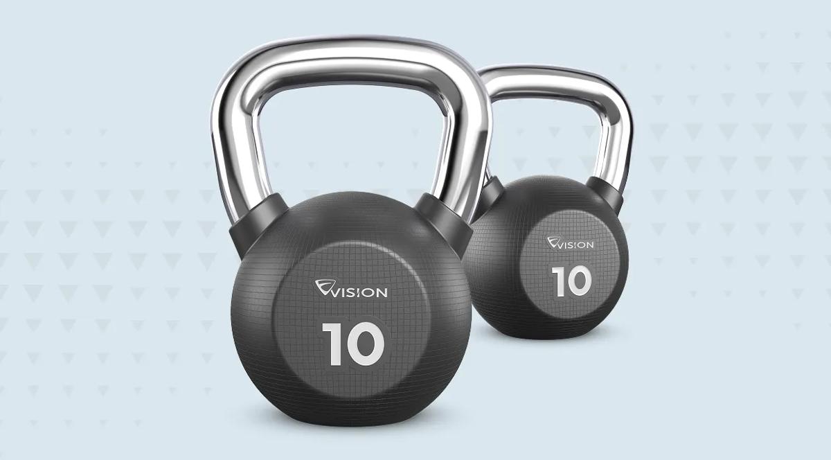 Two 10-pound rubber kettlebells on a light blue background.