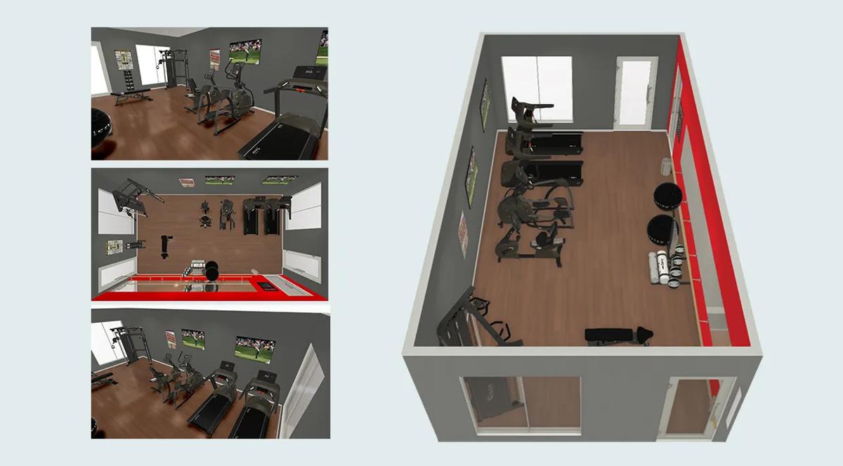 3D kresba z více úhlů možného rozvržení posilovny.