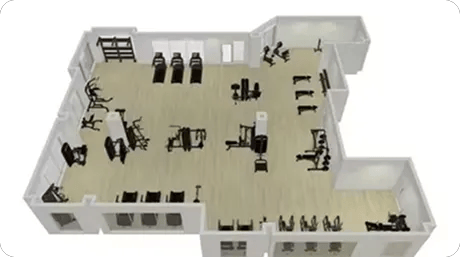 Three fourth view of a 3D rendered gym with a dozen equipment in it.