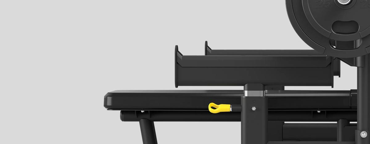 Side view of a Matte Black free weight Olympic Flat Spotter Bench's adjustable spotter arm and optional spotter platform