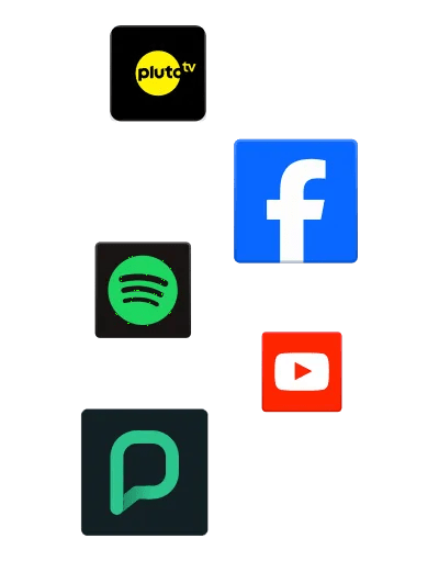 Pluto TV, Facebook, Spotify app icons on a black background