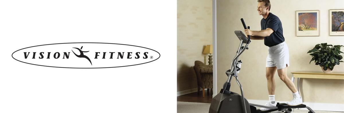 A split image featuring the Vision Fitness logo on the left and a man using a Vision Fitness elliptical machine in a home setting on the right.