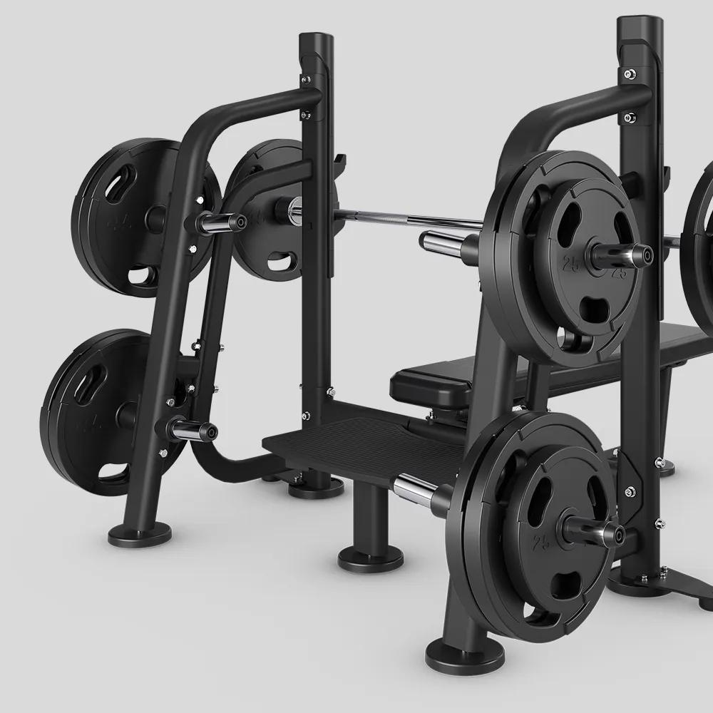 Three-quarter view of a Matte Black free weight Olympic Flat Bench with eight weight storage horns, including four optional inner horns.