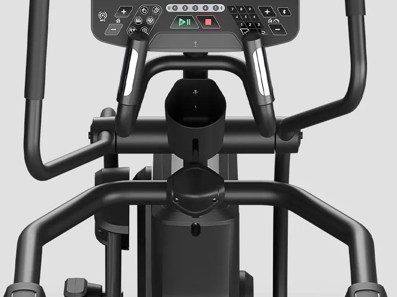 Close-up view of the Summit Suspension Elliptical from the user's point of view of the bottom half of the console and its handles and water bottle holder.