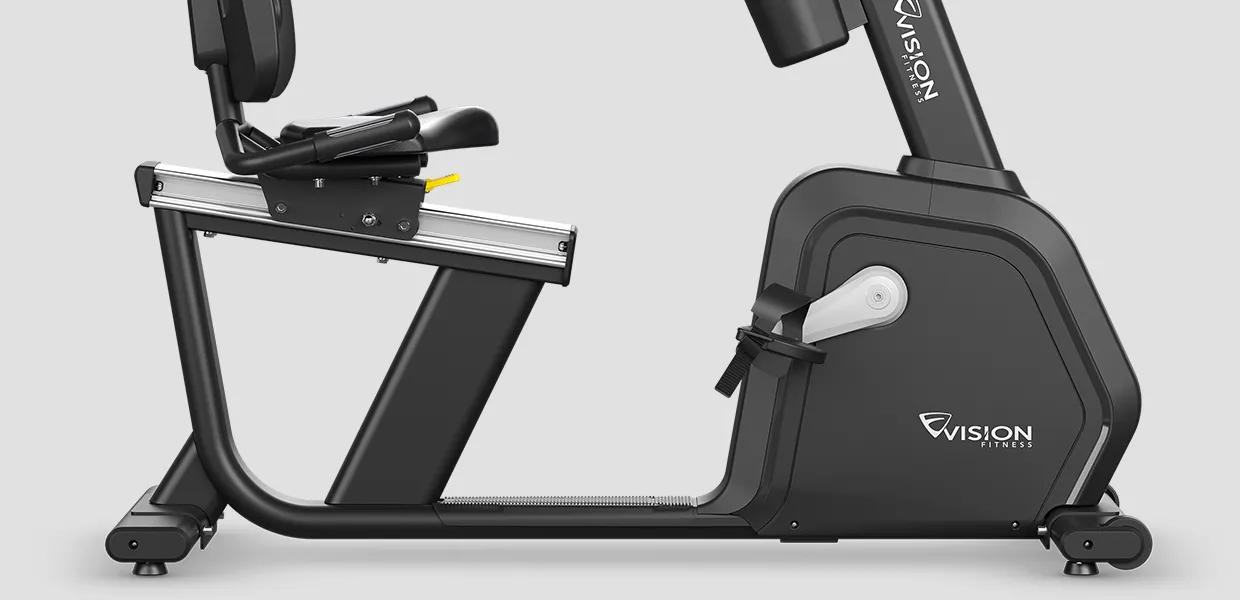 Side view of the lower half of the Summit Recumbent Bike, focusing on its frame and resistance system.