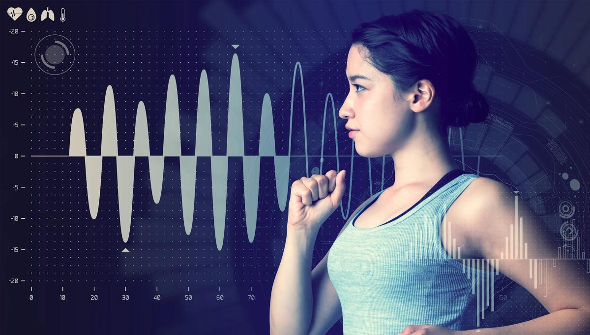 women running with health graphics behind her showing data