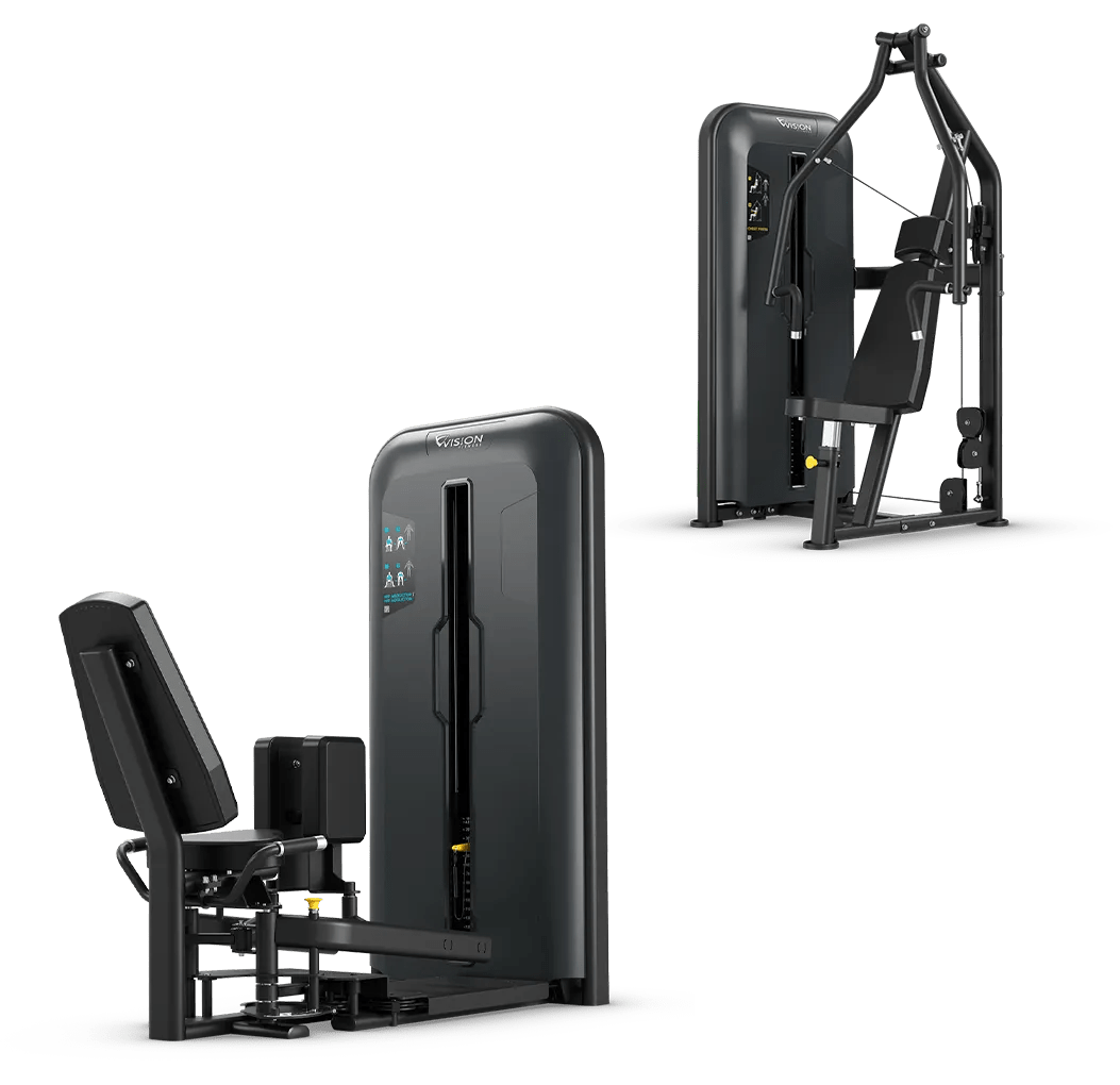 Renders of the Access Converging Chest Press and Hip Abductor / Adductor against a white background.