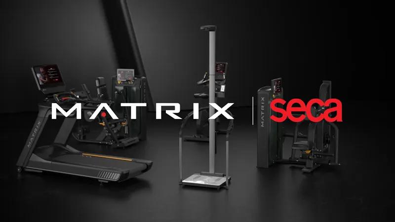 Rendering of seca scale along some Matrix products with the Matrix and seca logo in the foreground