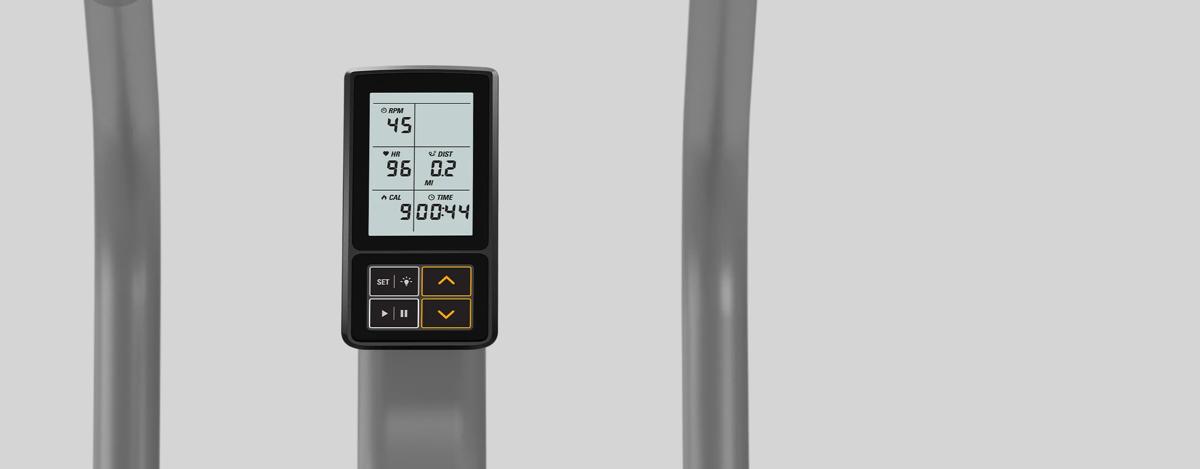 Close-up of a digital display on the AB700 Air Bike, showing RPM, heart rate, distance, calories burned, and elapsed time, with navigation buttons below the screen.