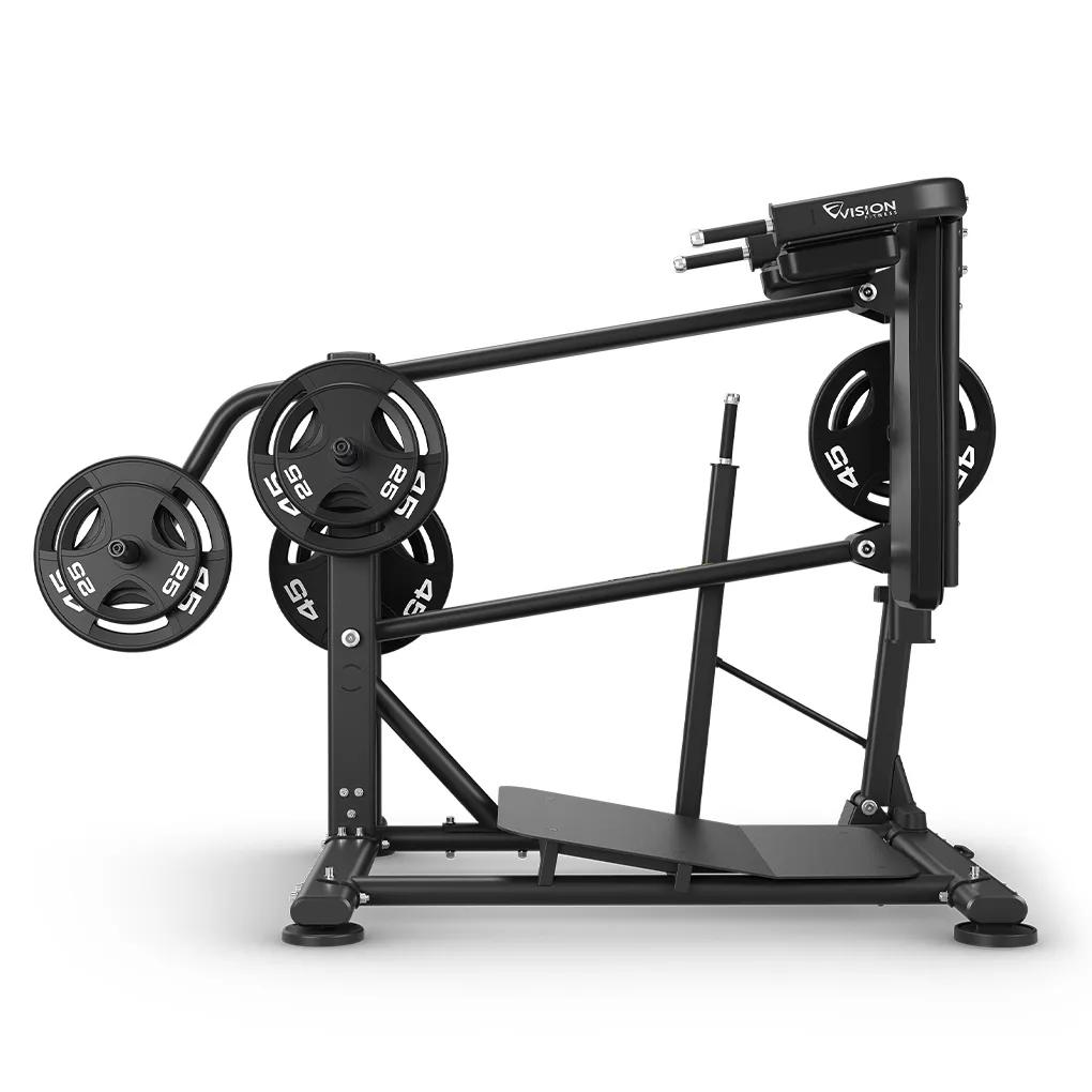 Vision Fitness 腰帶深蹲機台，霧面黑外觀，兩側掛有掛片器材，並配有背部靠墊。