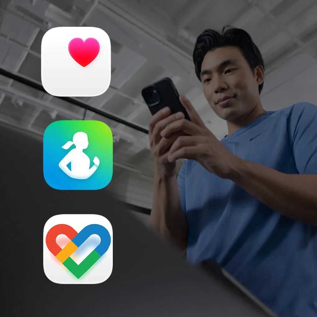 A person using their phone in front of the Vision Console along with images of apps that sync seamlessly with it