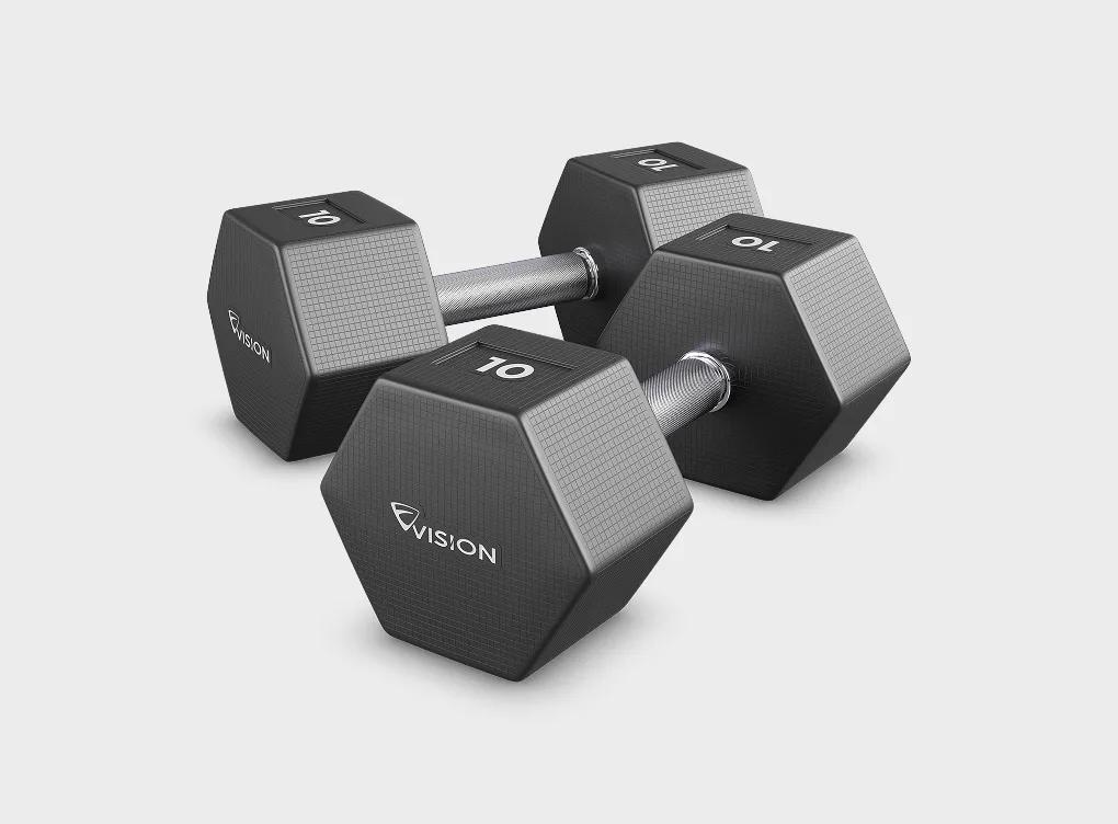 Two 10-pound Vision Urethane Hex Studio Dumbbells with hexagon-shaped weights on each side of the handle with a solid gray background.