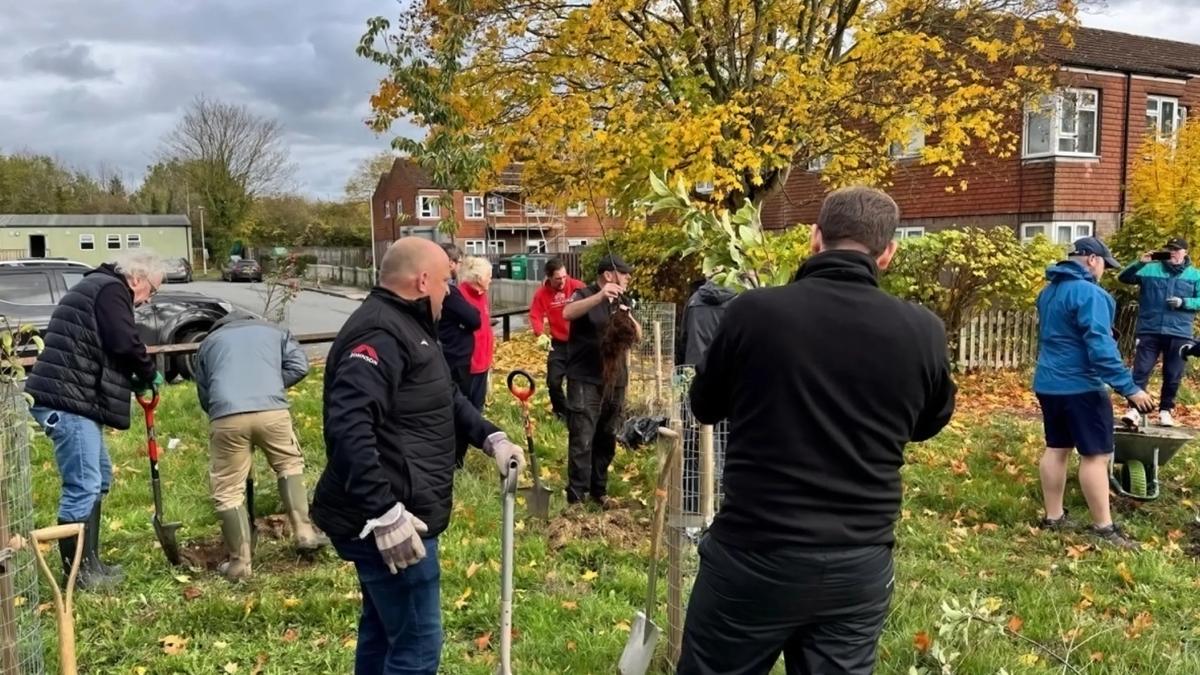 Large group of people gardening.