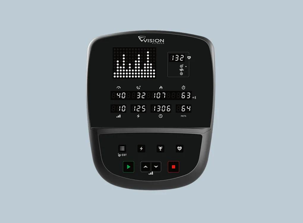 LED console displaying workout metrics on a fitness machine, featuring clear, easy-to-read numbers and controls.