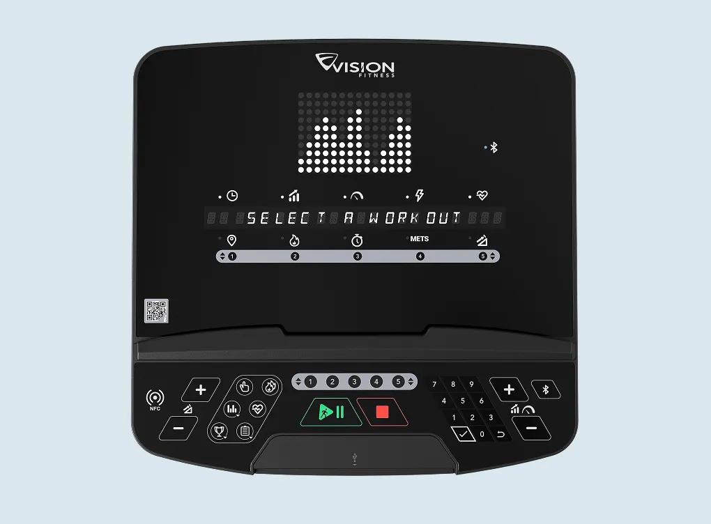 LED console displaying workout metrics on a fitness machine, featuring clear, easy-to-read numbers and controls.