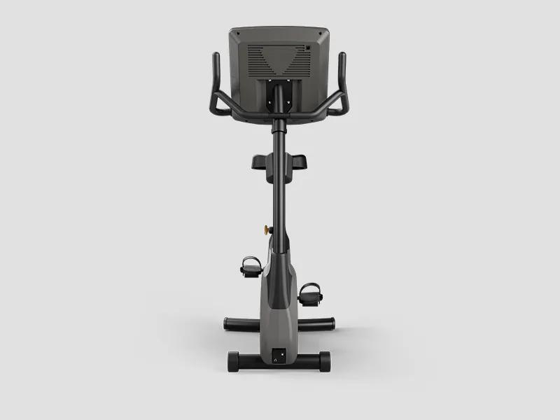 Front view of the Vision Fitness Upright Bike, showcasing the back of the console, seat adjustment mechanism, and stabilizing base.
