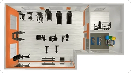 Top view of a 3D rendered gym with an orange accent wall with equipment in it