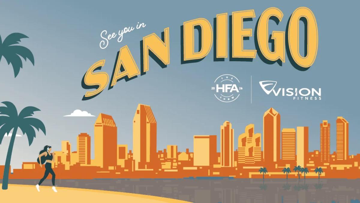 Postcard-style image of a woman jogging on a beach in San Diego with text: See you in San Diego | The HFA Show 2026 | Vision Fitness