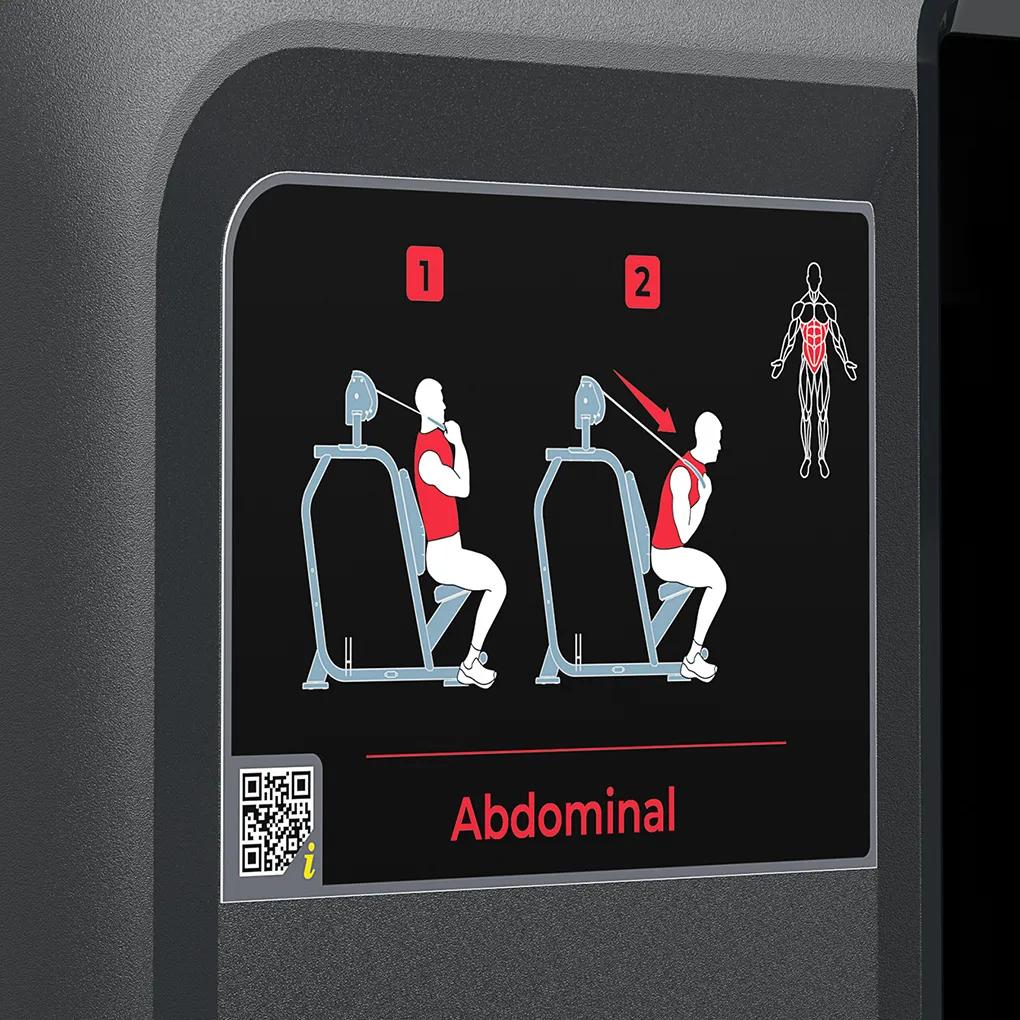 Instructional diagram on the Vision Fitness Keystone Abdominal machine showing proper form and movement for the seated crunch exercise, with target muscles highlighted in red.
