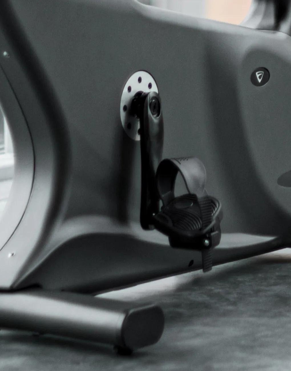 Detailed view of the pedal system on the Vision Fitness Upright Bike.