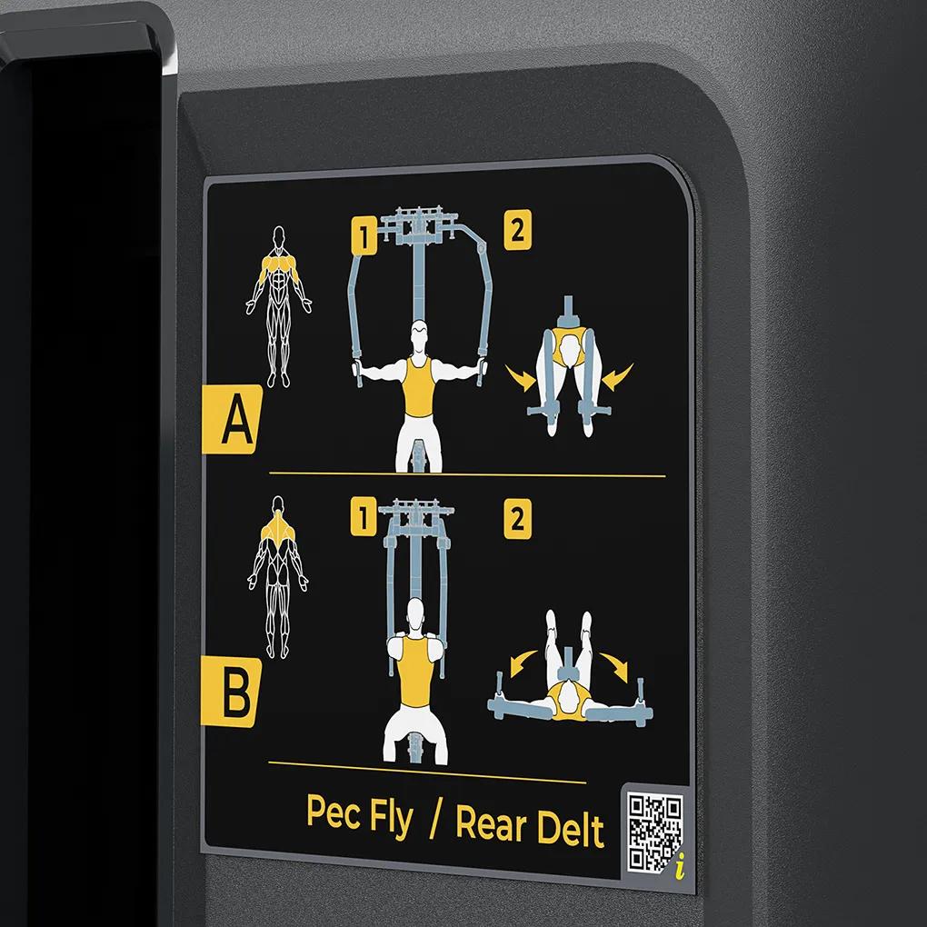 Instructional diagram on the Vision Fitness Pec Fly/Rear Delt machine showing proper setup and movement for pec fly (A) and rear delt (B) exercises, with target muscles highlighted in yellow.