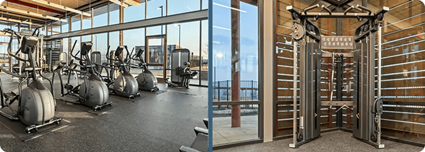 Side by side image of the FirstService Residential fitness center. The left side features Vision cardio equipment and the right side features the Vision Functional Trainer.