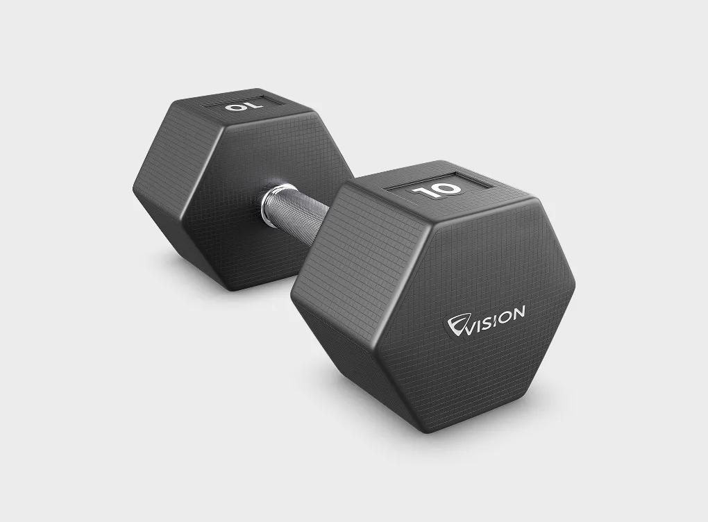 One 10-pound Vision Urethane Hex Studio Dumbbell with hexagon-shaped weights on each side of the handle with a solid gray background.
