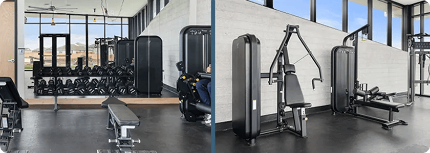 Two side by side images of the Navarro Ranch fitness centers strength equipment.