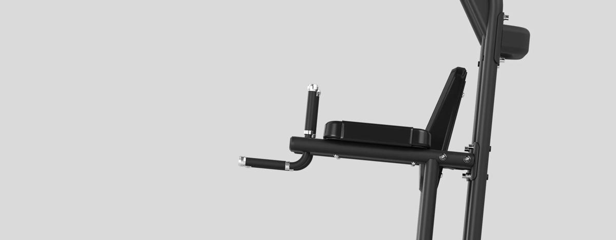 Side view of a Matte Black free weight VKR w/Chin's angled back support, elbow pads and oversized, round handles.