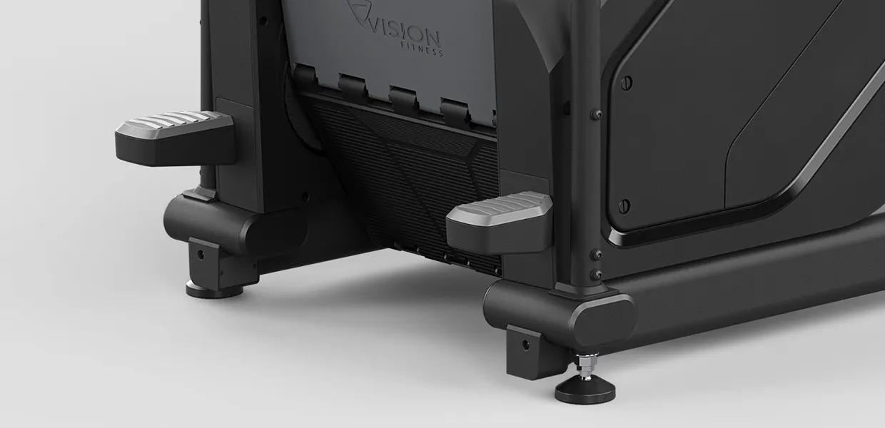 Base and leveling feet of the Vision Summit Stairclimber in Matte Black.