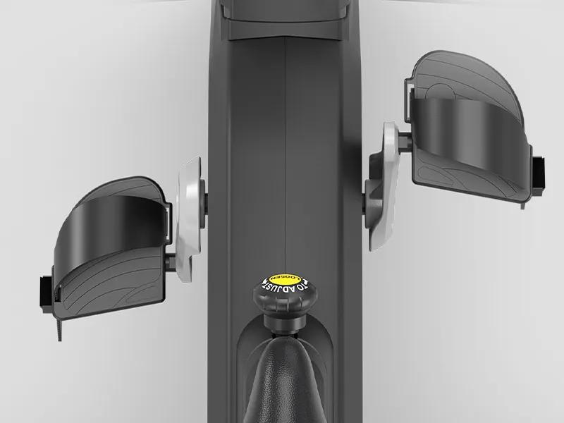Close-up top-down view of the Summit Upright Bike's pedals.
