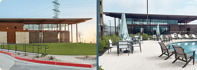 Side by side images of the exterior of the FirstService Residential fitness center. The left image features the exterior or the building and the right images features the exterior of the building along with the pool.