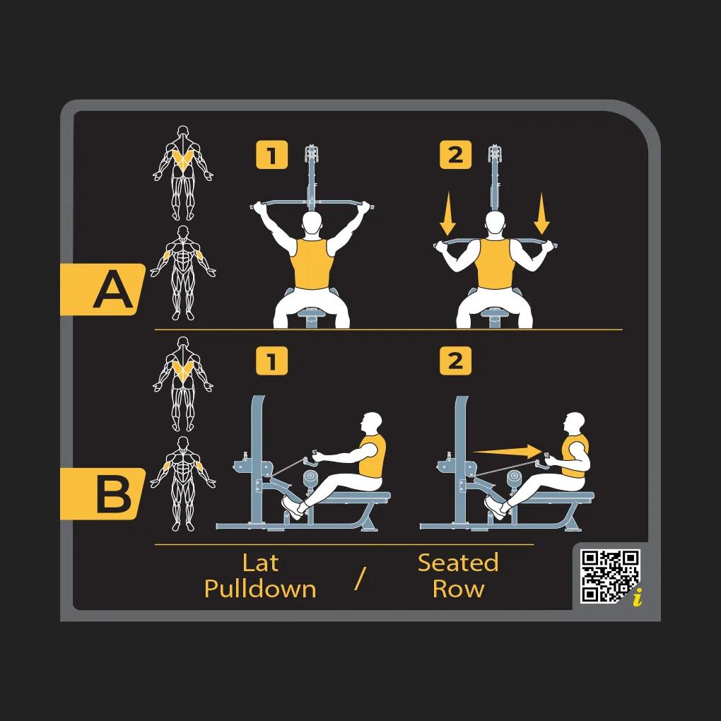 Instructional diagram on the Keystone Lat Pulldown / Seated Row machine showing setup and movement for both lat pulldown and seated row exercises, with highlighted muscle groups and a QR code for additional guidance.