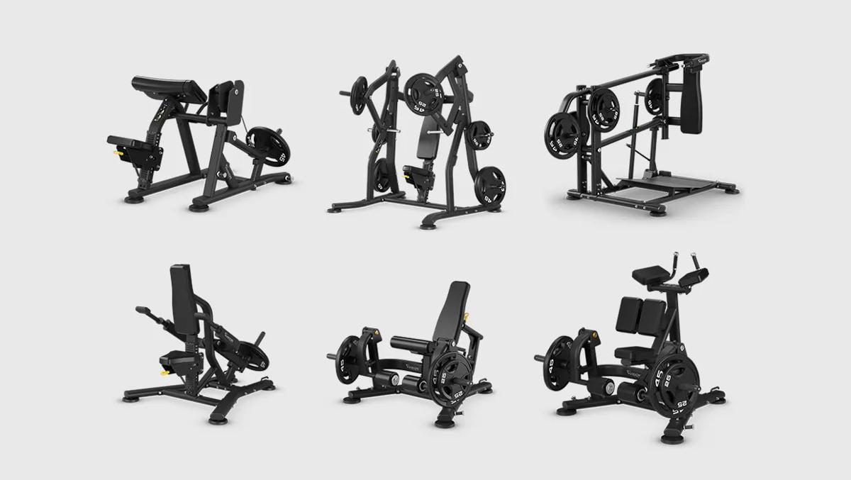 Six renders of the Keystone Plate-loaded products on a gray background 