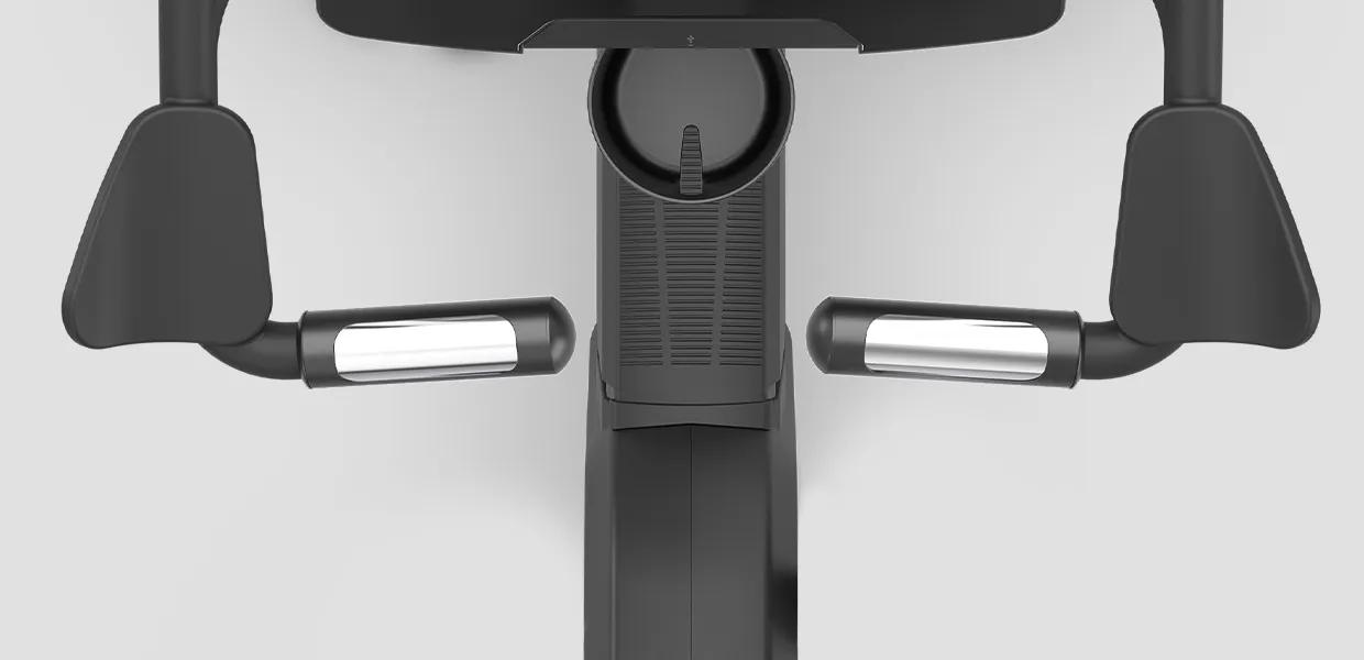 Close-up top-down view of the Summit Upright Bike's handles and water bottle holder.