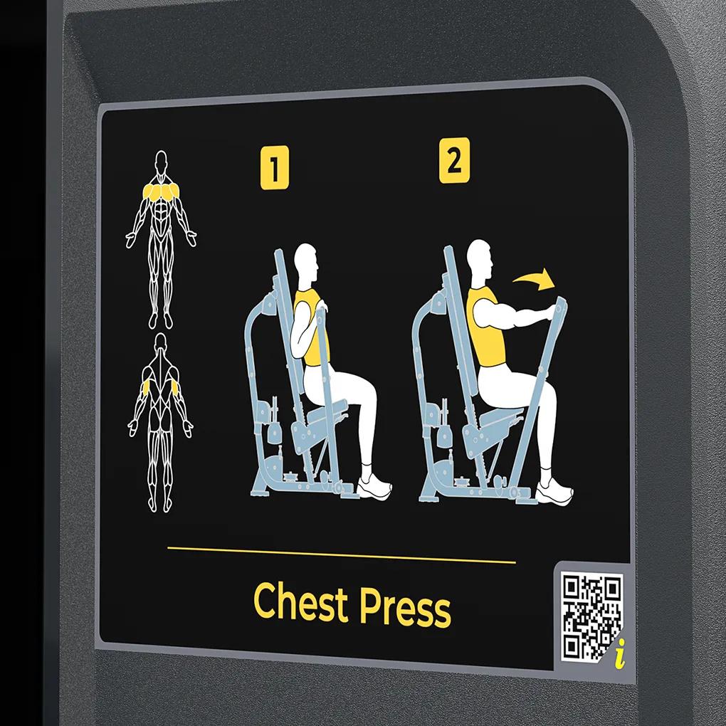 Instructional placard on the Vision Fitness Chest Press machine showing two illustrated steps for proper pressing form and highlighting targeted chest, shoulder, and triceps muscles.