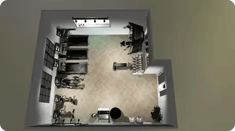 Top view of a 3D rendered gym with equipment on the sides
