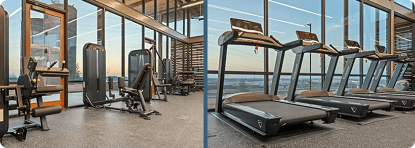 Side by side image of FirstService Residential fitness center. The left side features Vision strength equipment and the right side features Vision treadmills.