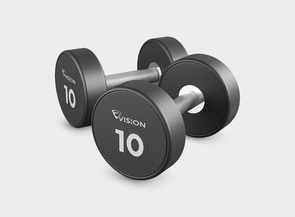Two 10-pound Vision Urethane Round Dumbbells with a solid gray background.