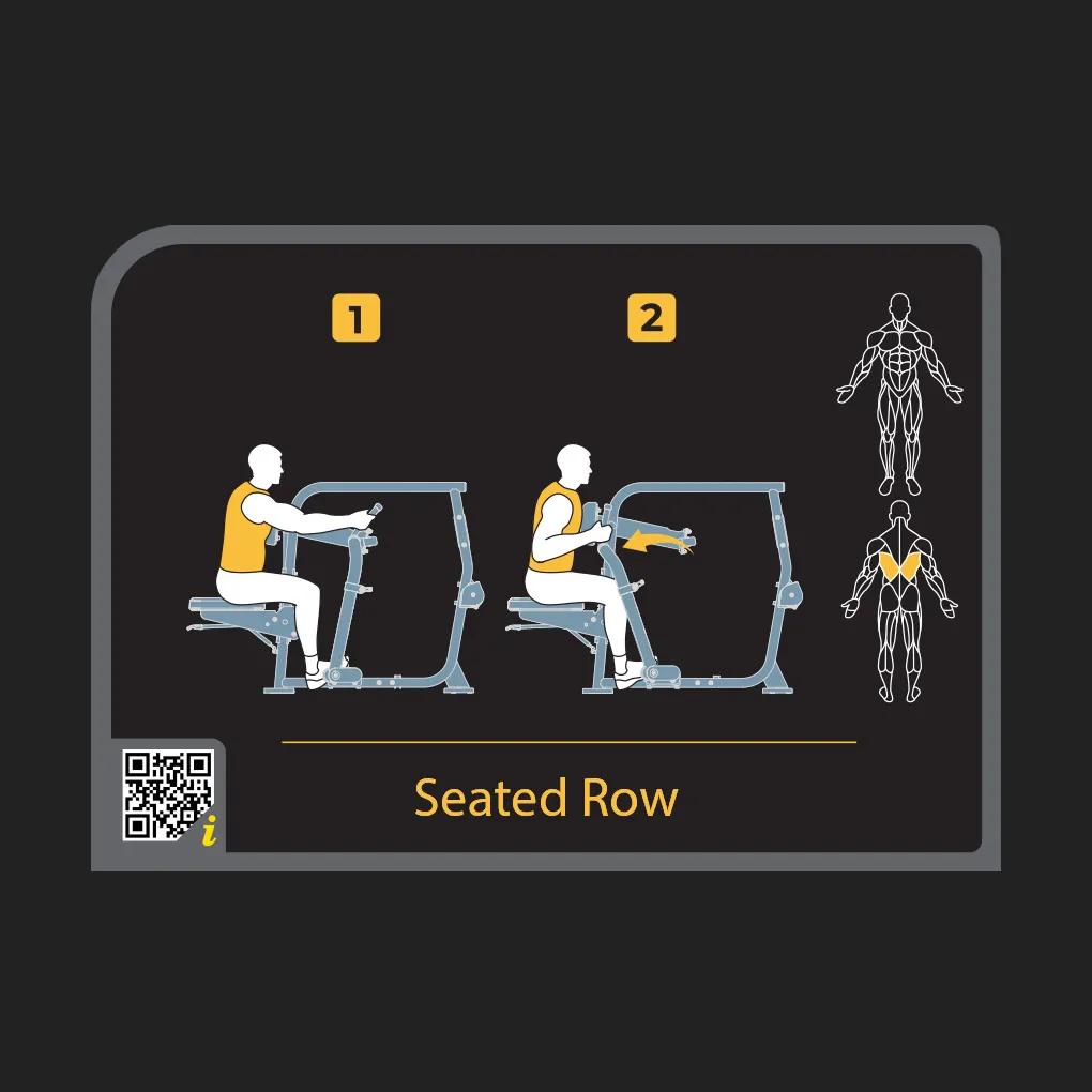 Instructional diagram on the Keystone Diverging Seated Row machine showing the seated row movement with highlighted back muscles and a QR code for additional information.