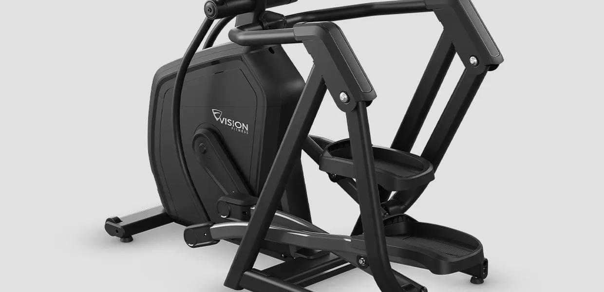 Angled view of the bottom half of the Summit Suspension Elliptical from the back, highlighting its ease of access.