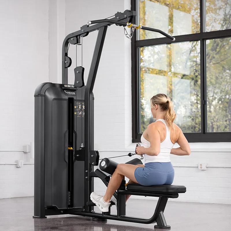 Person performing a seated row on the Keystone Lat Pulldown / Seated Row machine, pulling the cable attachment toward the torso with back straight and feet braced.