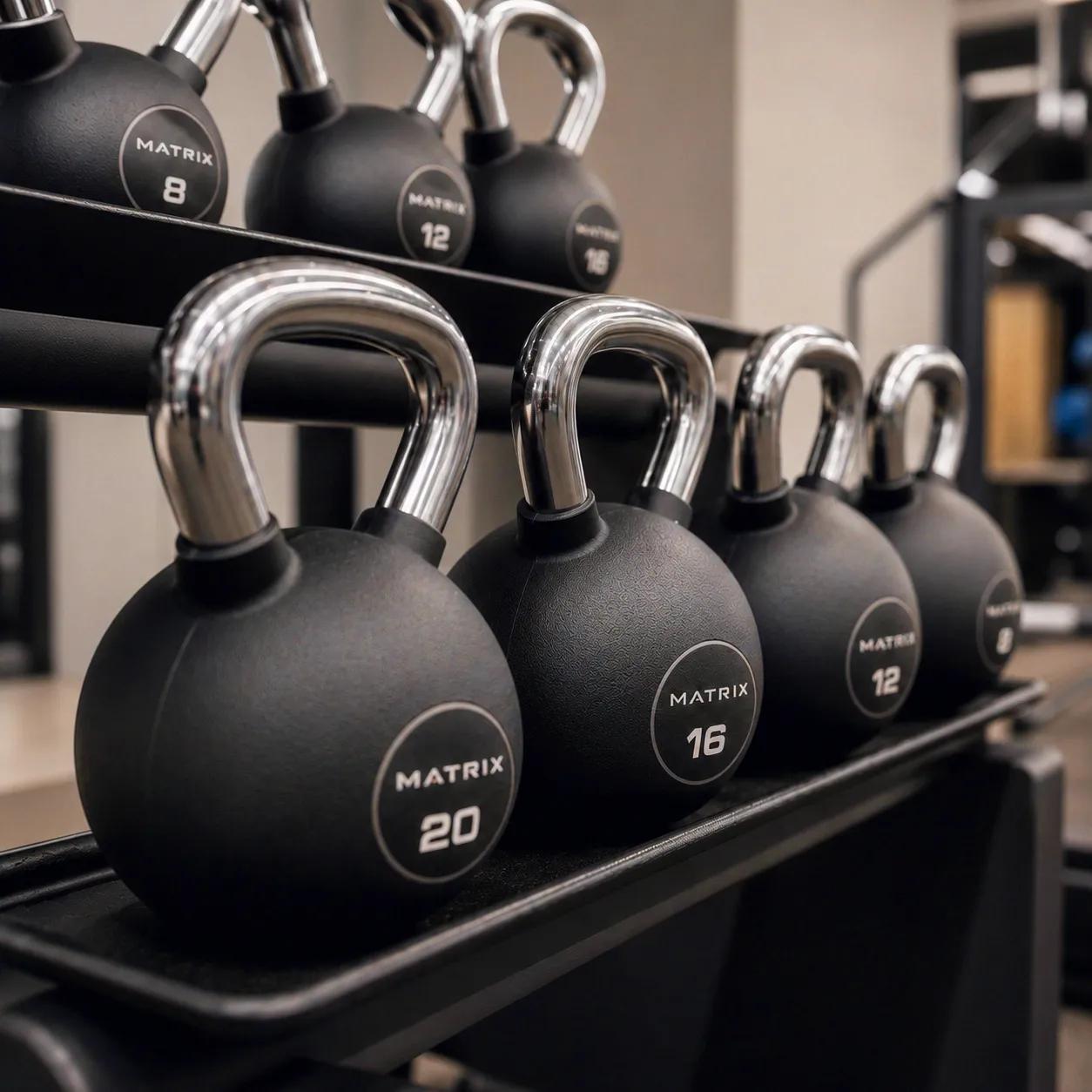 Matzwarte Matrix Fitness-kettlebells geordend op een opbergrek, met meerdere gewichtsopties tentoongesteld in een fitnessfaciliteit.