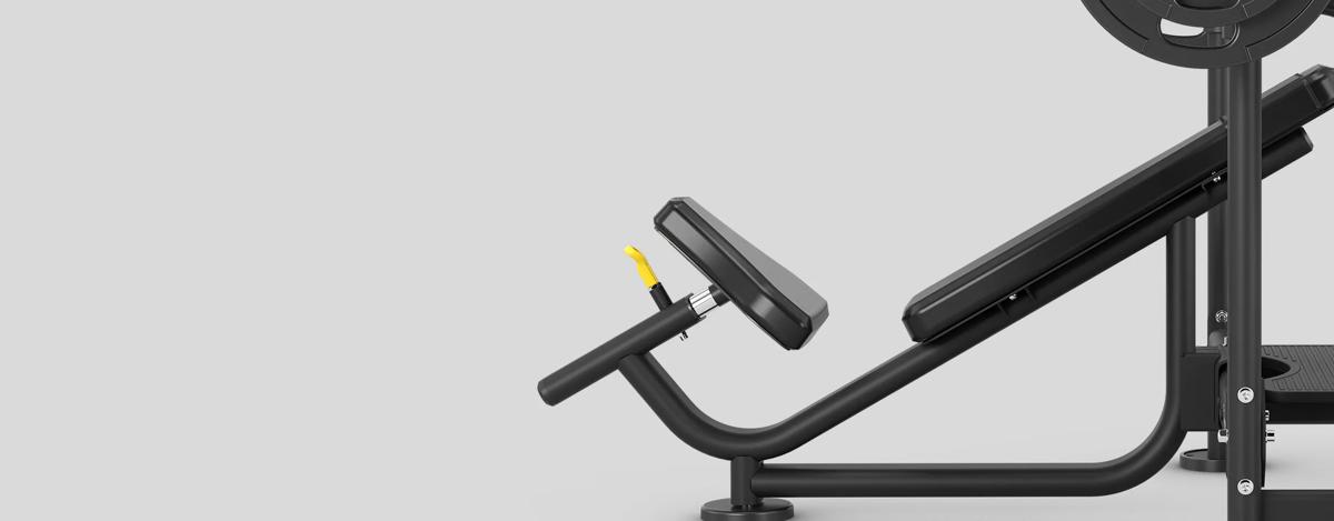 Side view of a Matte Black free weight Olympic Incline Bench's seat adjustment mechanism.