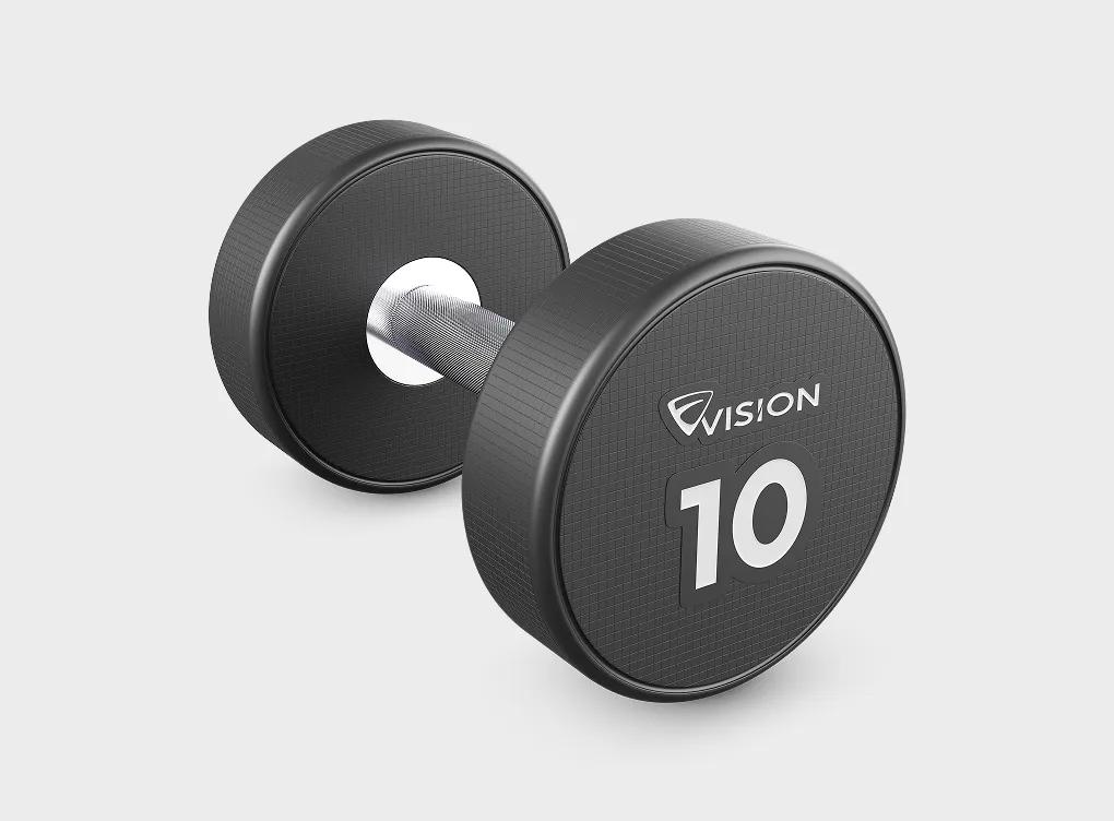 One 10-pound Vision Urethane Studio Dumbbell with a solid gray background.