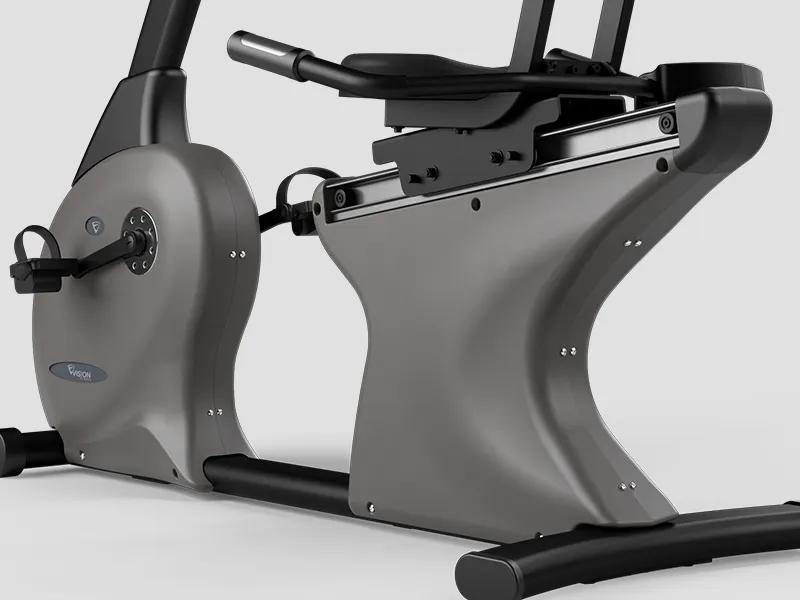 Close-up of the Vision Fitness Recumbent Bike’s frame and seat adjustment system.