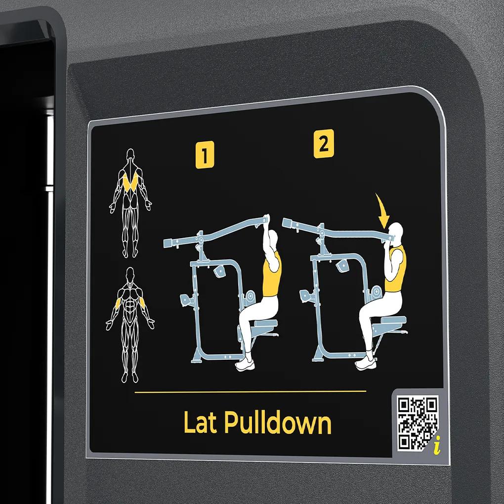 Instructional diagram on the Vision Fitness Lat Pulldown machine showing correct seated position and pulling motion, with target back and arm muscles highlighted in yellow.