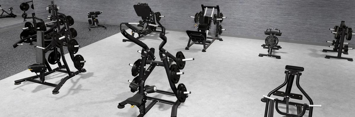 A 3D-rendered modern gym with large windows overlooking a cityscape, featuring strength training machines and treadmills.